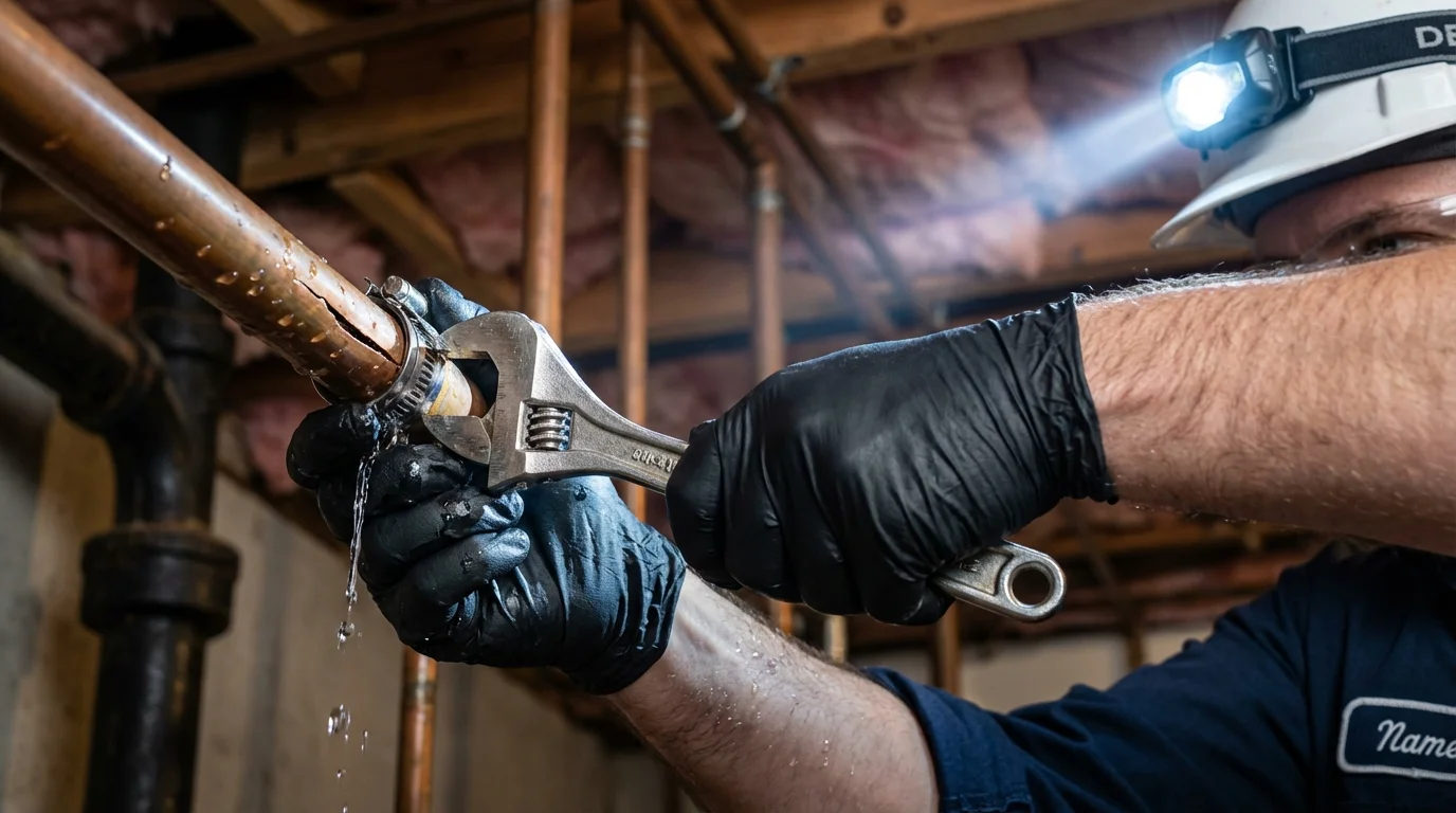 Emergency pipe clamp repair being performed by a Johns Plumbing LLC plumber in Raymond