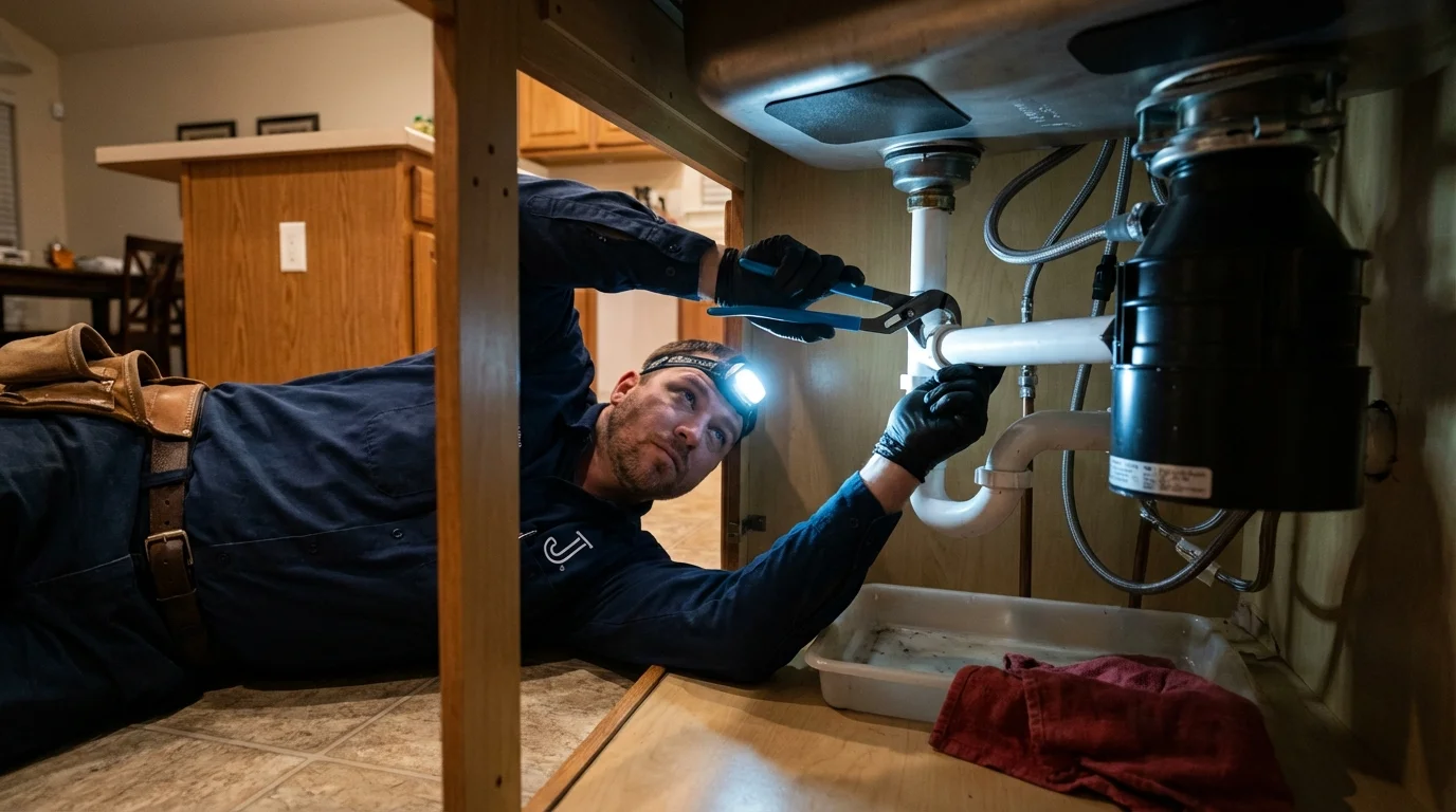 P-trap and supply line connections under a kitchen sink showing a common leak point in Raymond, NH